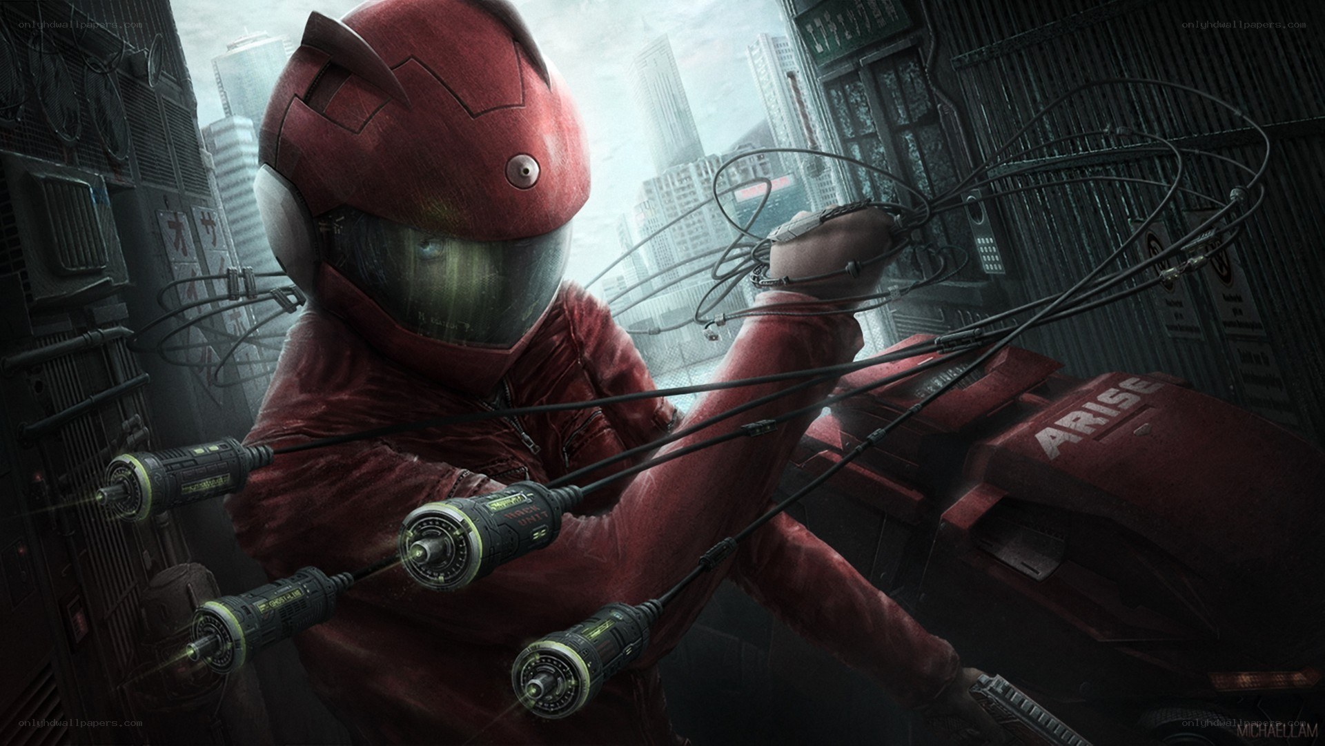 cyberpunk hacker in red suit