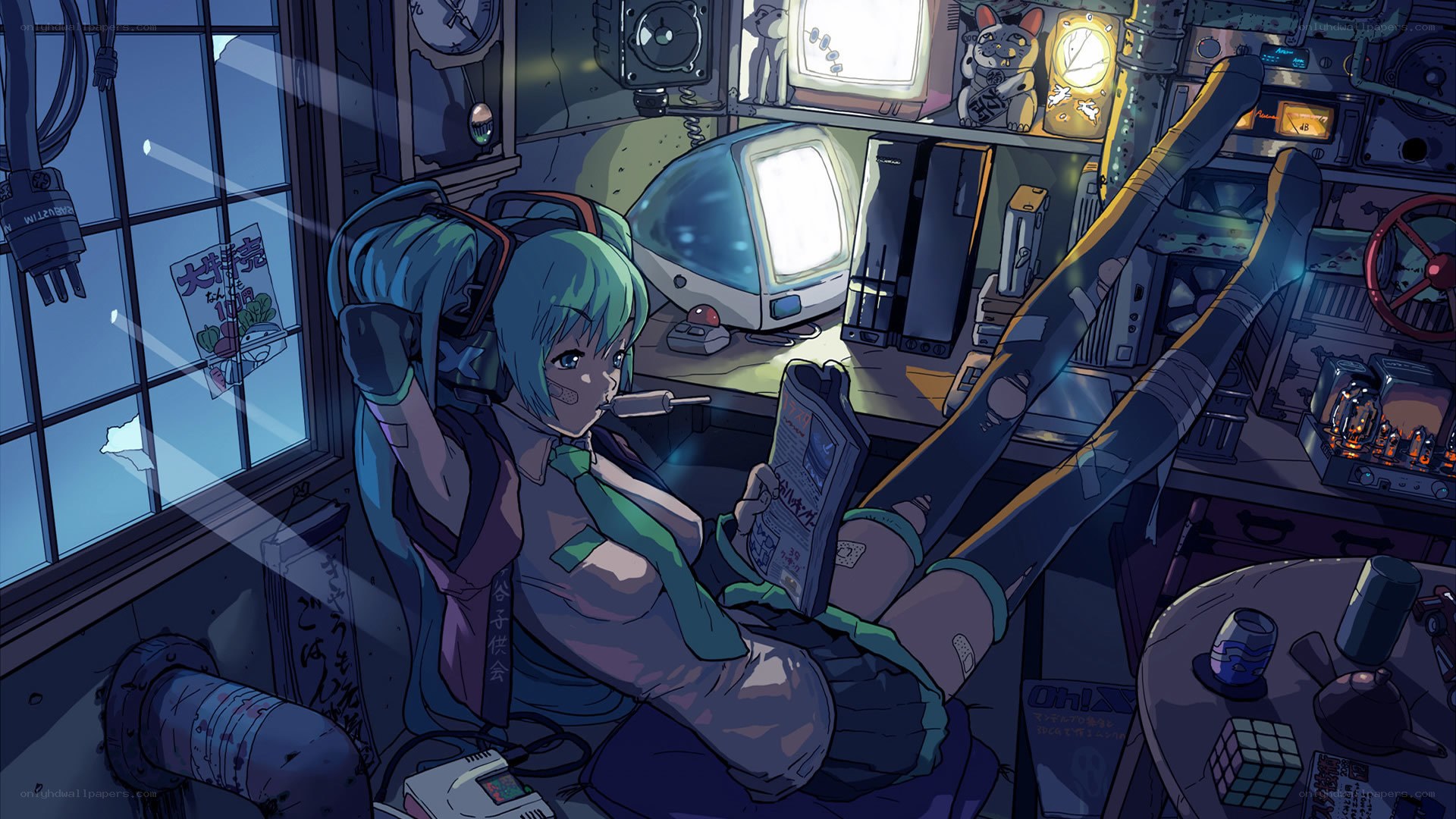 cyberpunk hacker reading newspaper