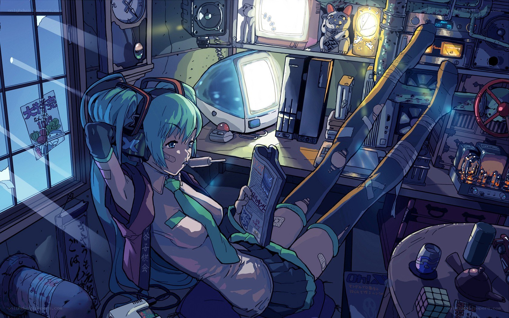 cyberpunk hacker reading newspaper