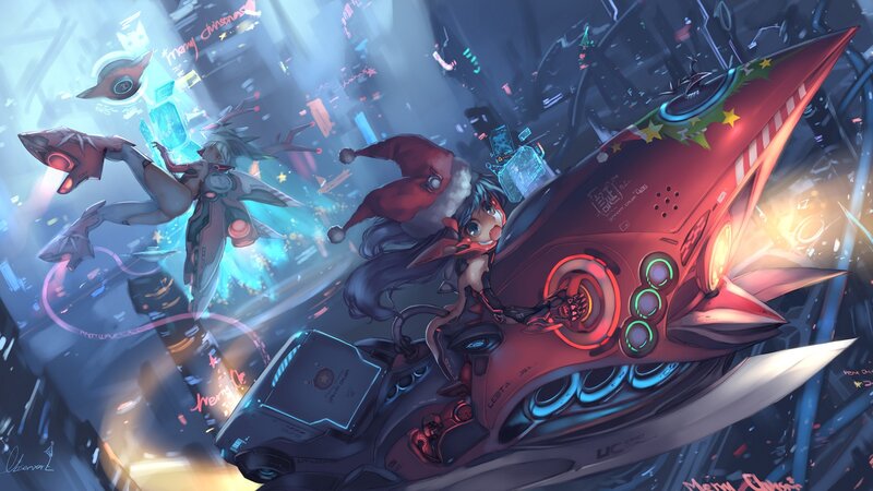 Cyberpunk holiday scene with mechs