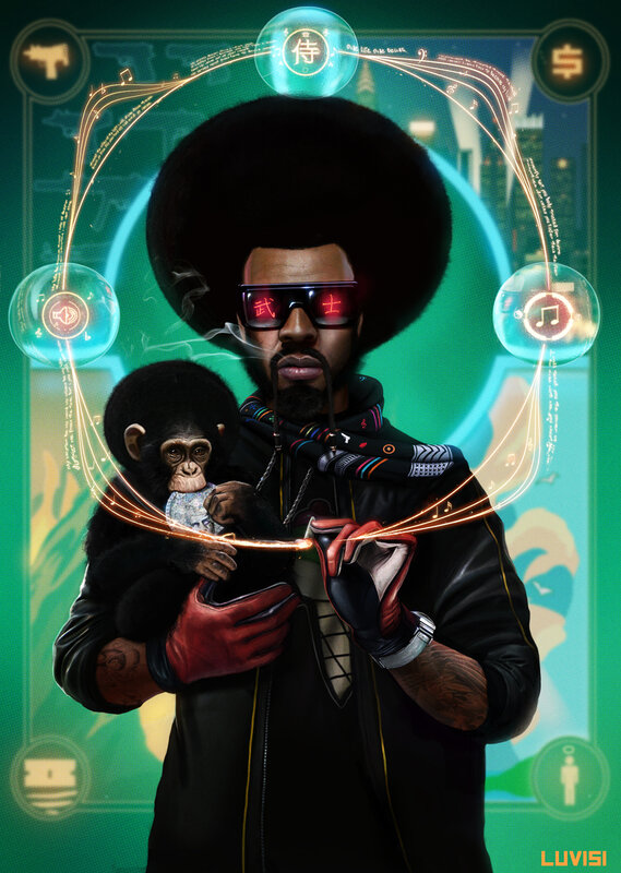 cyberpunk man with monkey