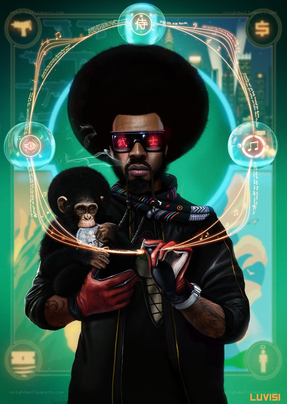cyberpunk man with monkey