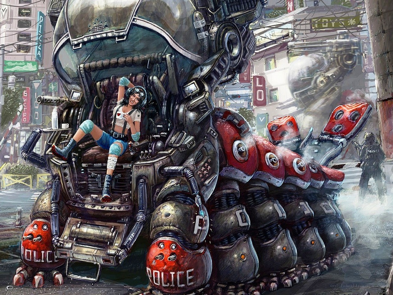 Cyberpunk mech battle scene