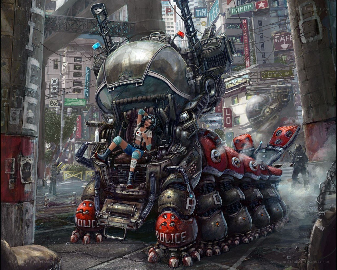cyberpunk mech in city