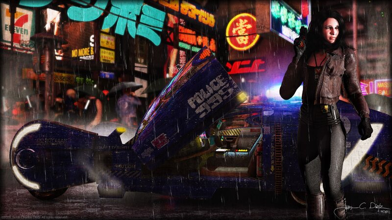 cyberpunk police officer in rain