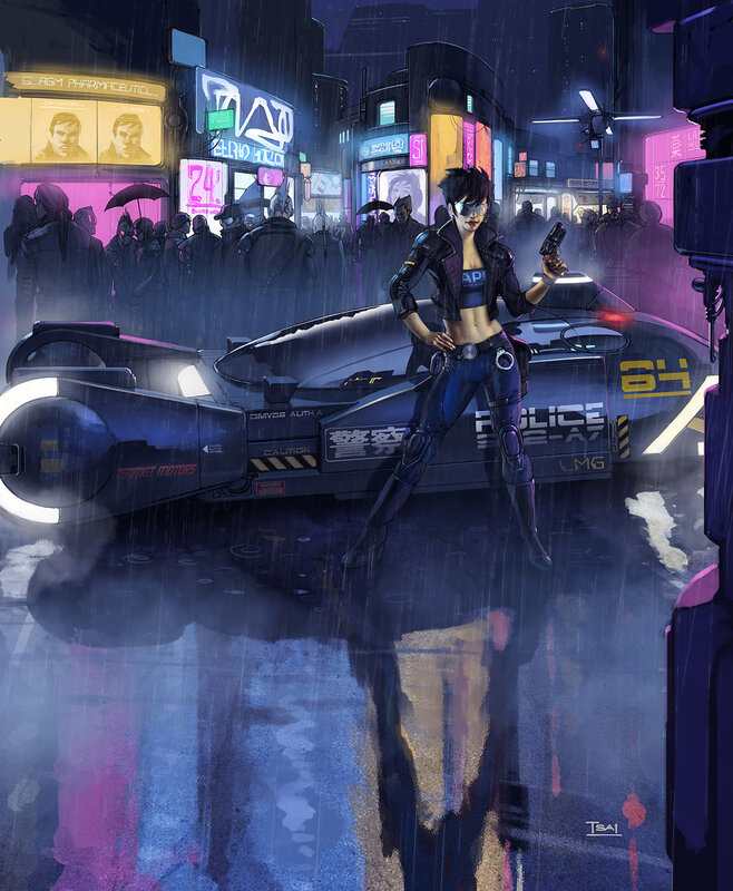 Cyberpunk police officer in rain