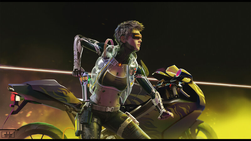 Cyberpunk Rider on Motorcycle — Black, Dramatic