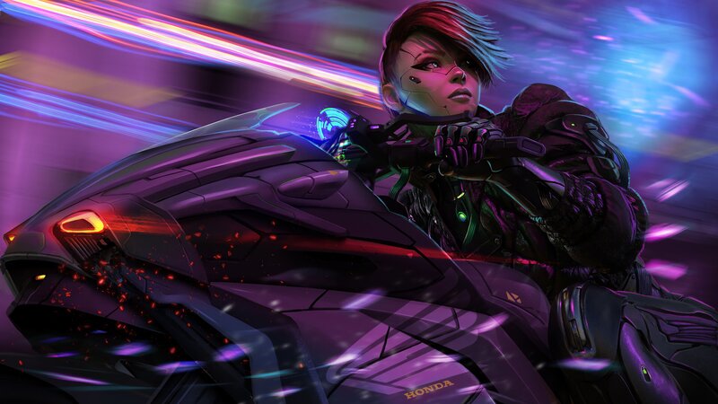 Cyberpunk Rider on Motorcycle — Purple, Dramatic, Night