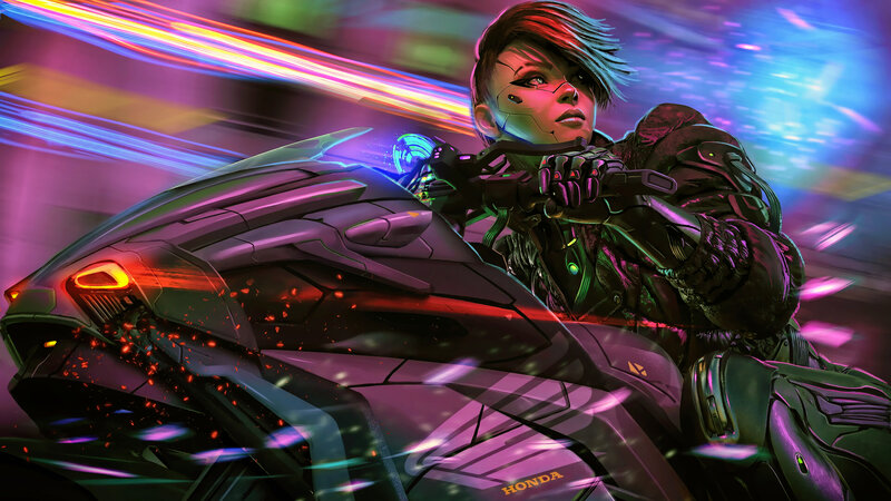 Cyberpunk Rider on Motorcycle — Purple, Dramatic