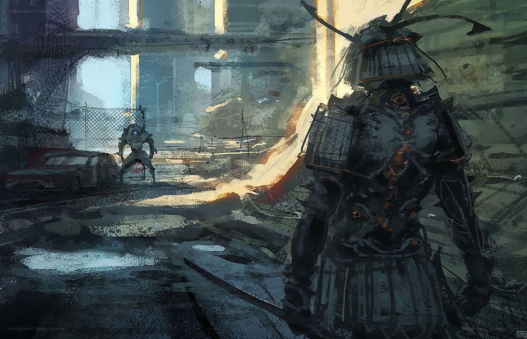 cyberpunk samurai confrontation