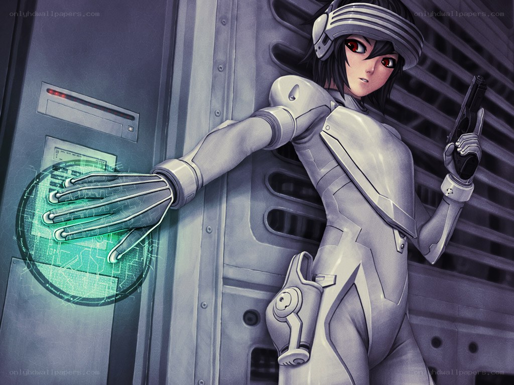 cyberpunk soldier at console