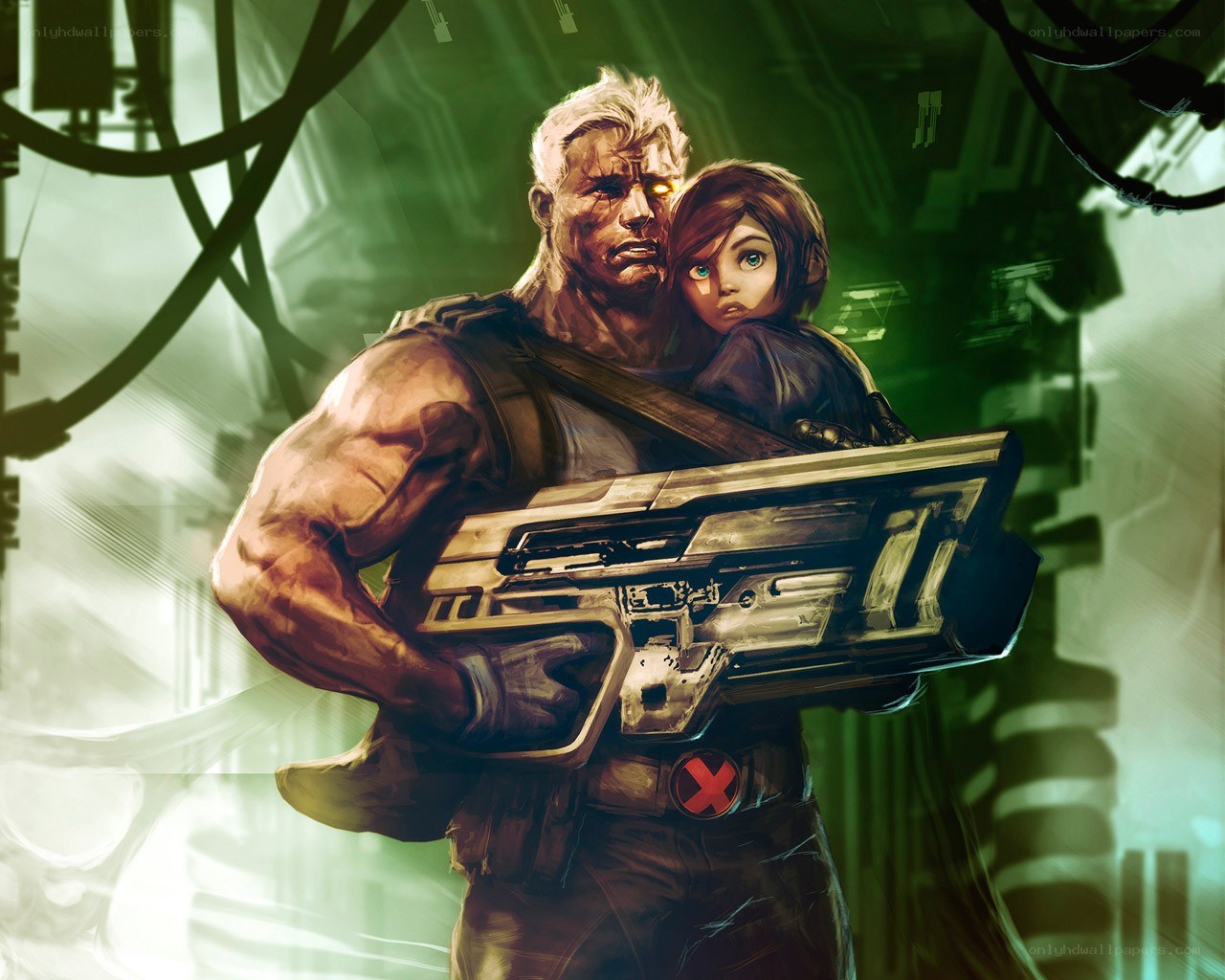 cyberpunk soldier with child
