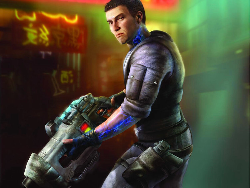 cyberpunk soldier with weapon