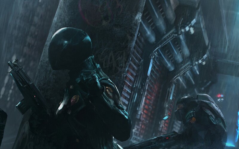 cyberpunk soldiers in rain