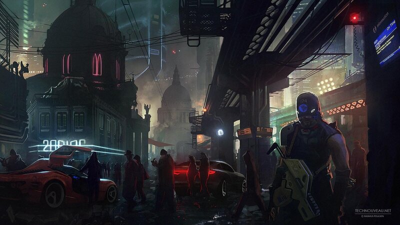 Cyberpunk Street Scene — Black, Dark