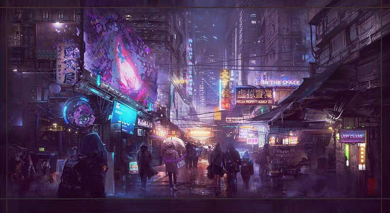 Cyberpunk Street Scene — Purple, Dystopian, Night, Digital Art