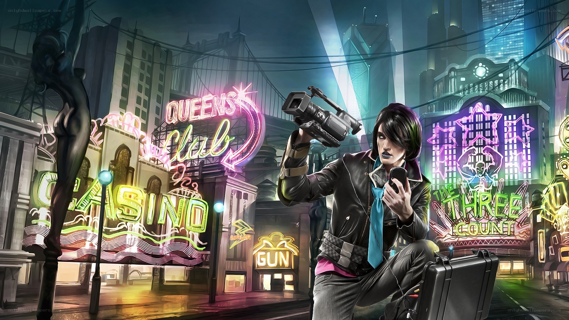 cyberpunk street scene with camera