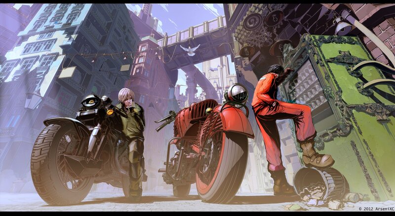 Cyberpunk street scene with motorbikes