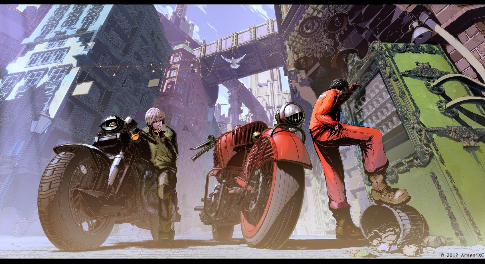Cyberpunk street scene with motorbikes