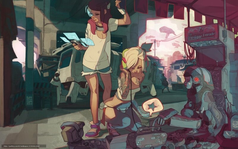 Cyberpunk street scene with music