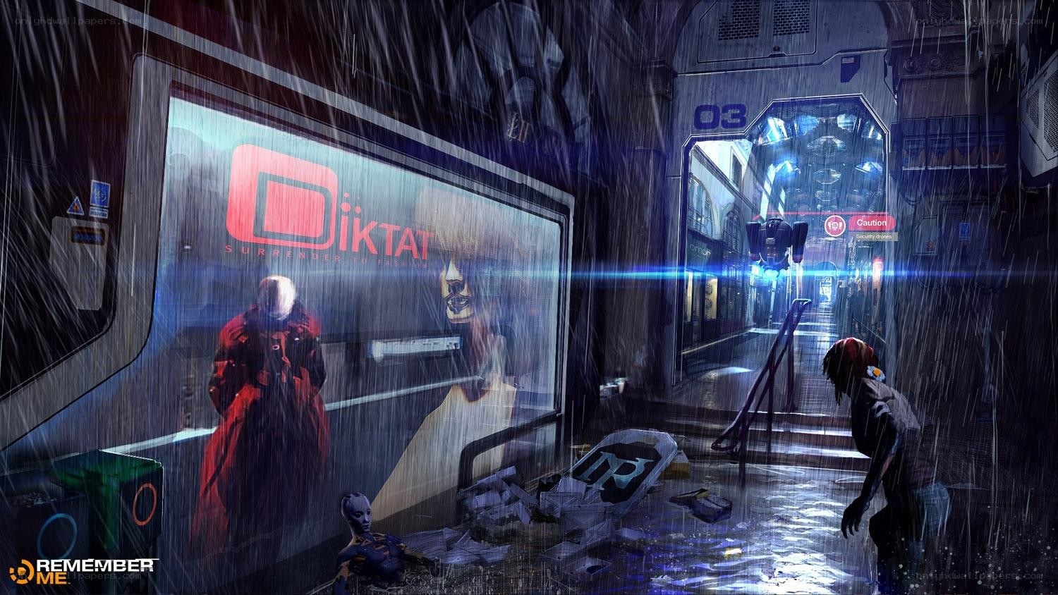Cyberpunk street scene with rain