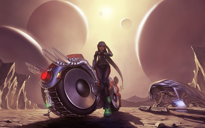 cyberpunk traveler on alien planet