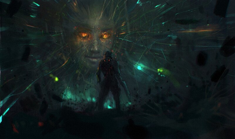 cyberpunk warrior facing digital entity