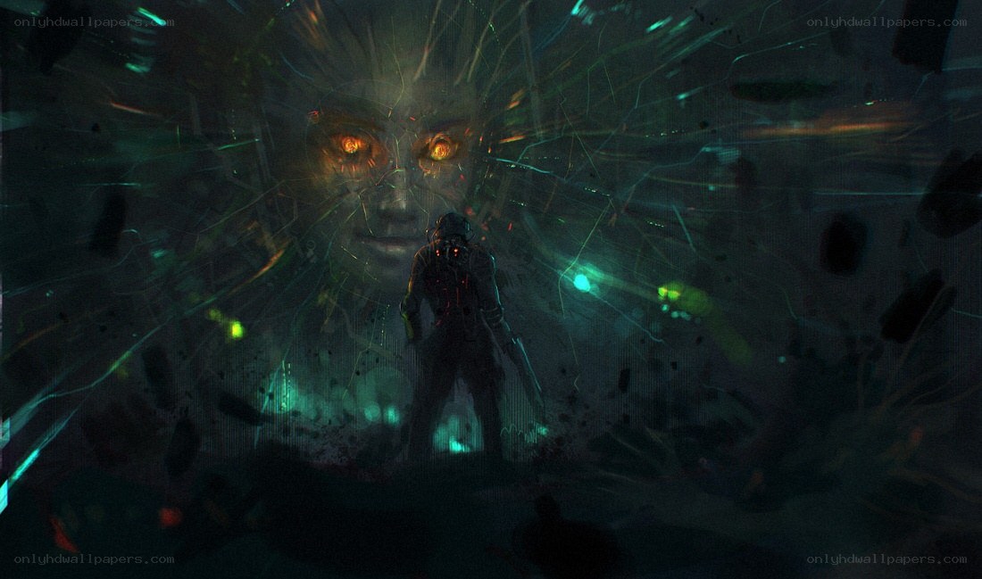cyberpunk warrior facing digital entity