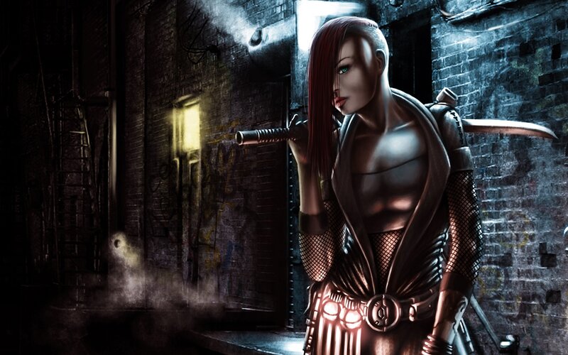 cyberpunk warrior in alley