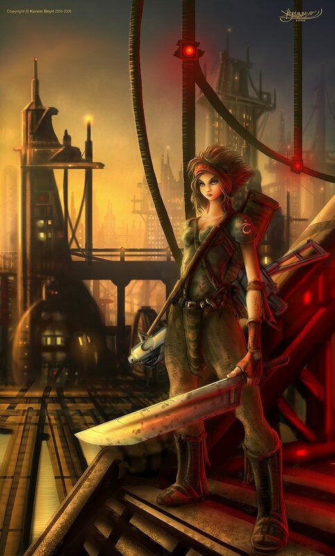 cyberpunk warrior in industrial city