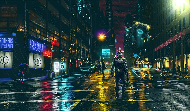 Cyberpunk Warrior in Rain — Black