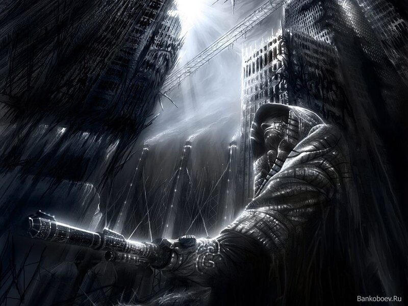cyberpunk warrior in ruined city