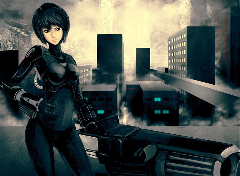 cyberpunk warrior in ruined city