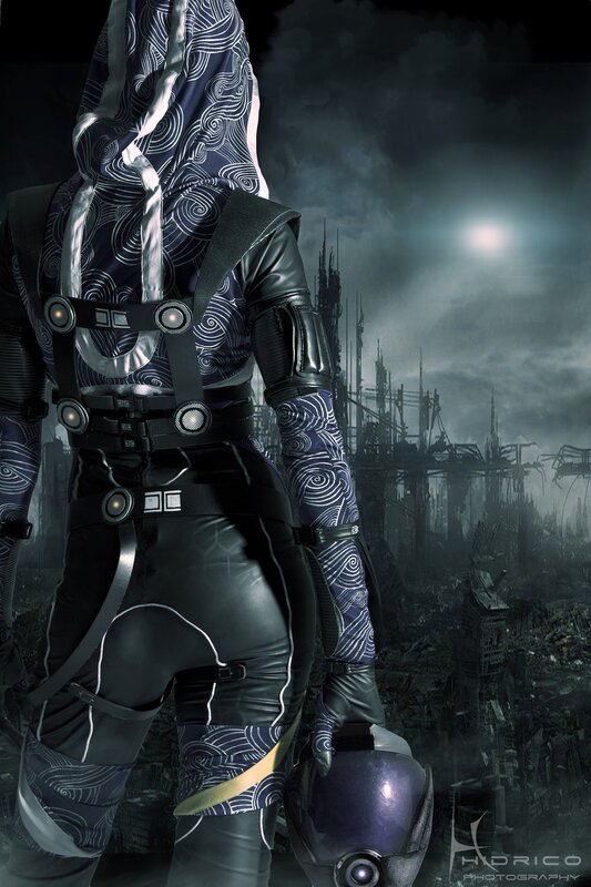 cyberpunk warrior in ruined city