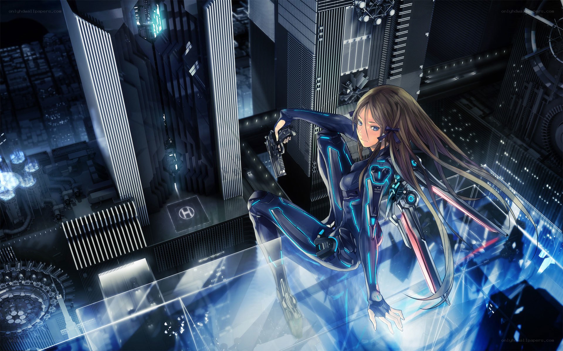 cyberpunk warrior on a city ledge