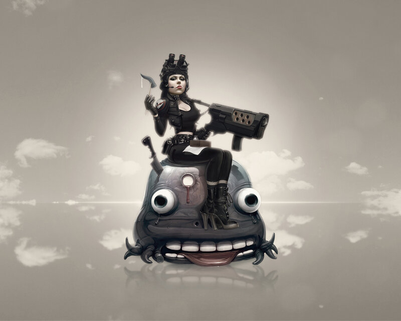 cyberpunk warrior on alien creature