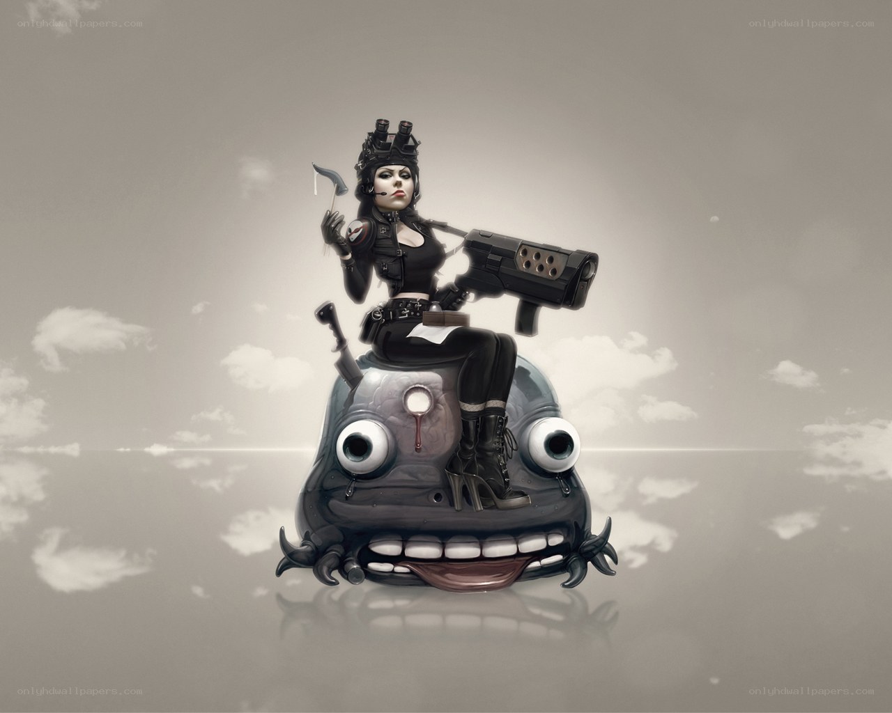 cyberpunk warrior on alien creature