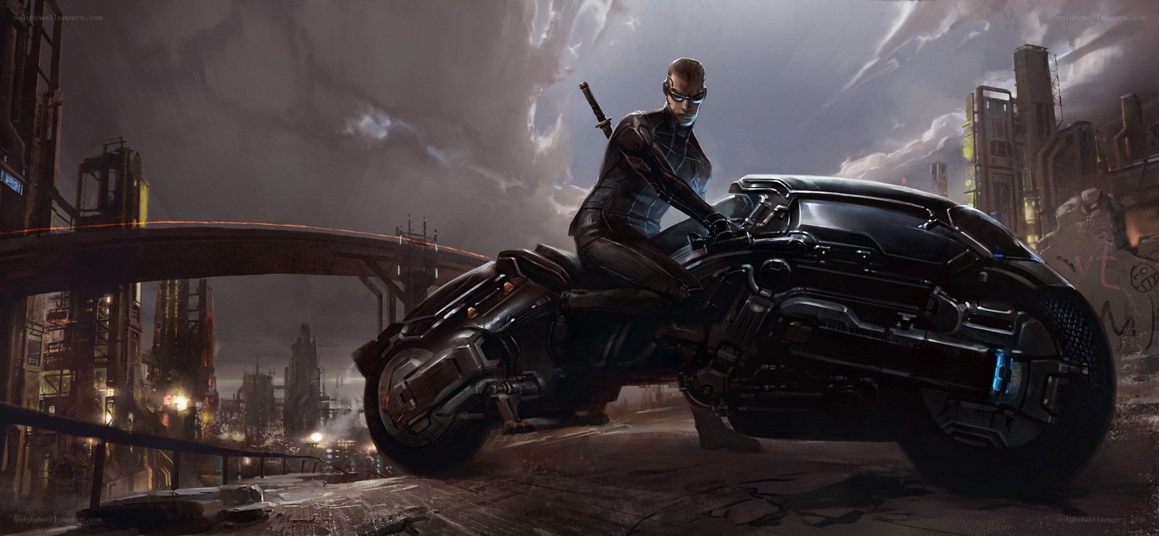 cyberpunk warrior on motorcycle