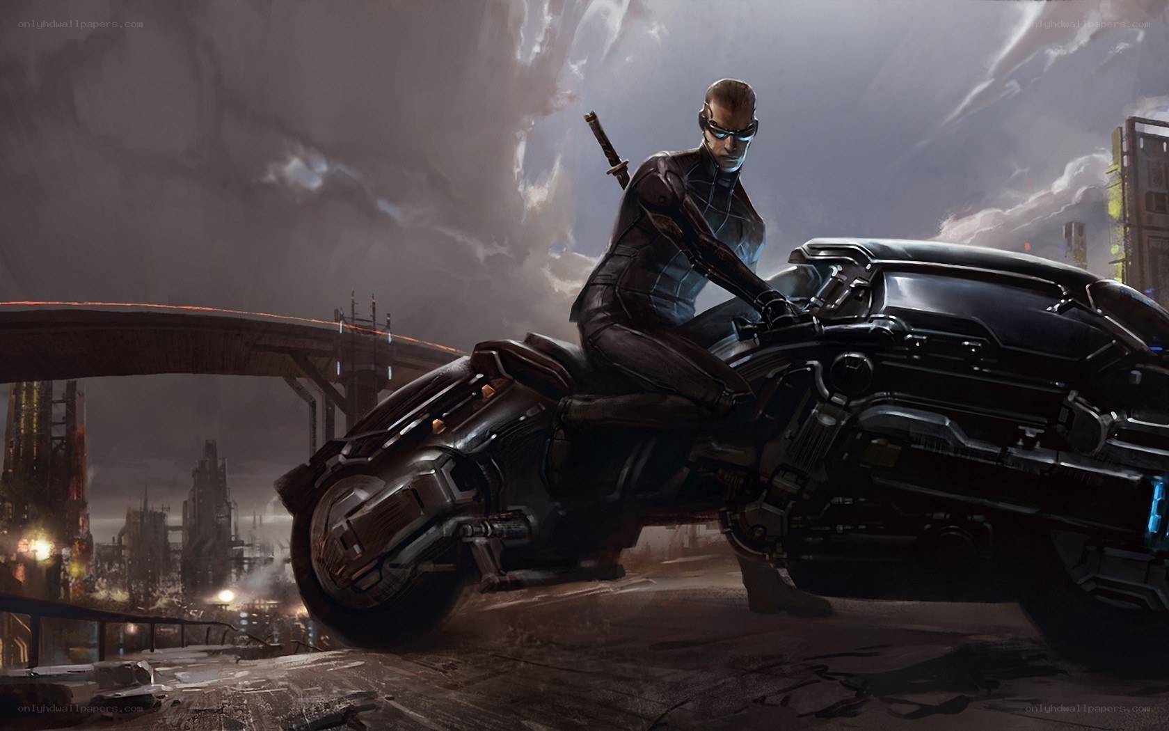 cyberpunk warrior on motorcycle