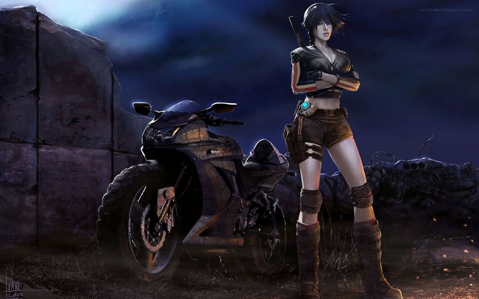 cyberpunk warrior with motorcycle