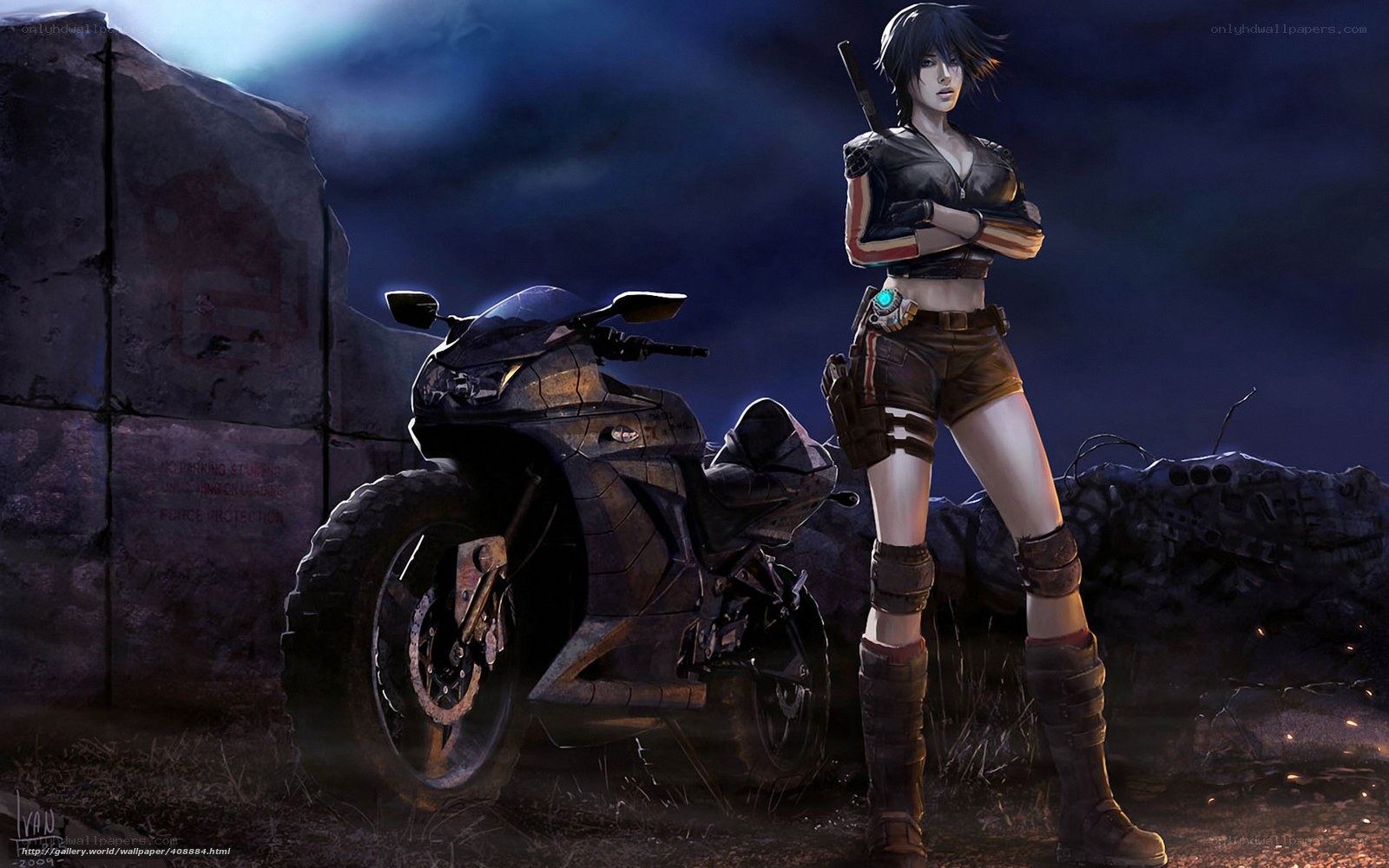 cyberpunk warrior with motorcycle