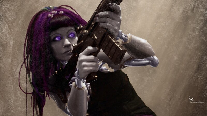 cyberpunk warrior with purple hair