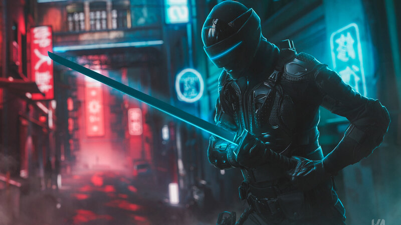 Cyberpunk Warrior with Sword — Blue