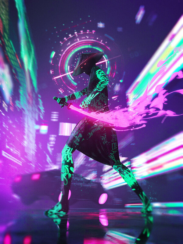 Cyberpunk Warrior with Sword — Purple