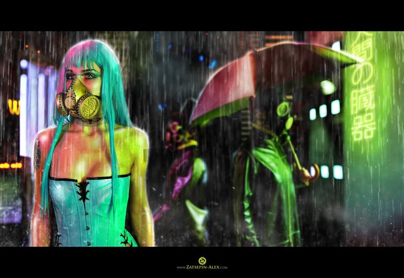 cyberpunk woman in rain