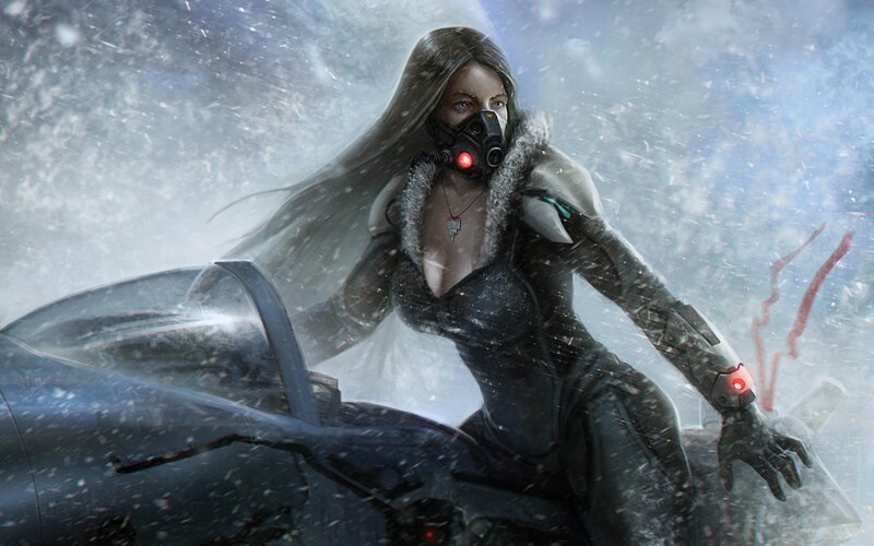cyberpunk woman in snowstorm