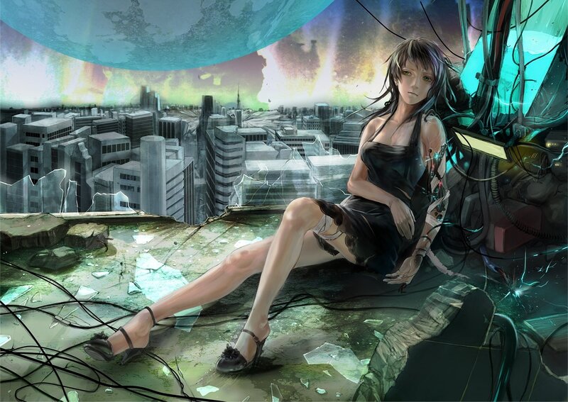cyberpunk woman on ruined rooftop