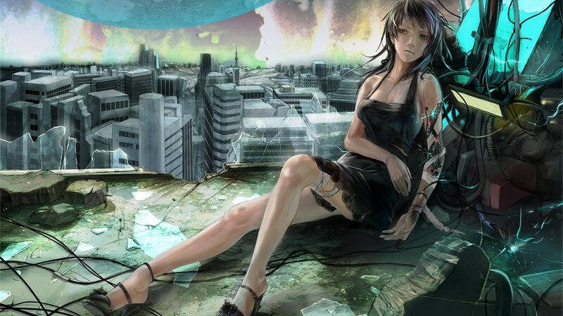 cyberpunk woman on ruined rooftop