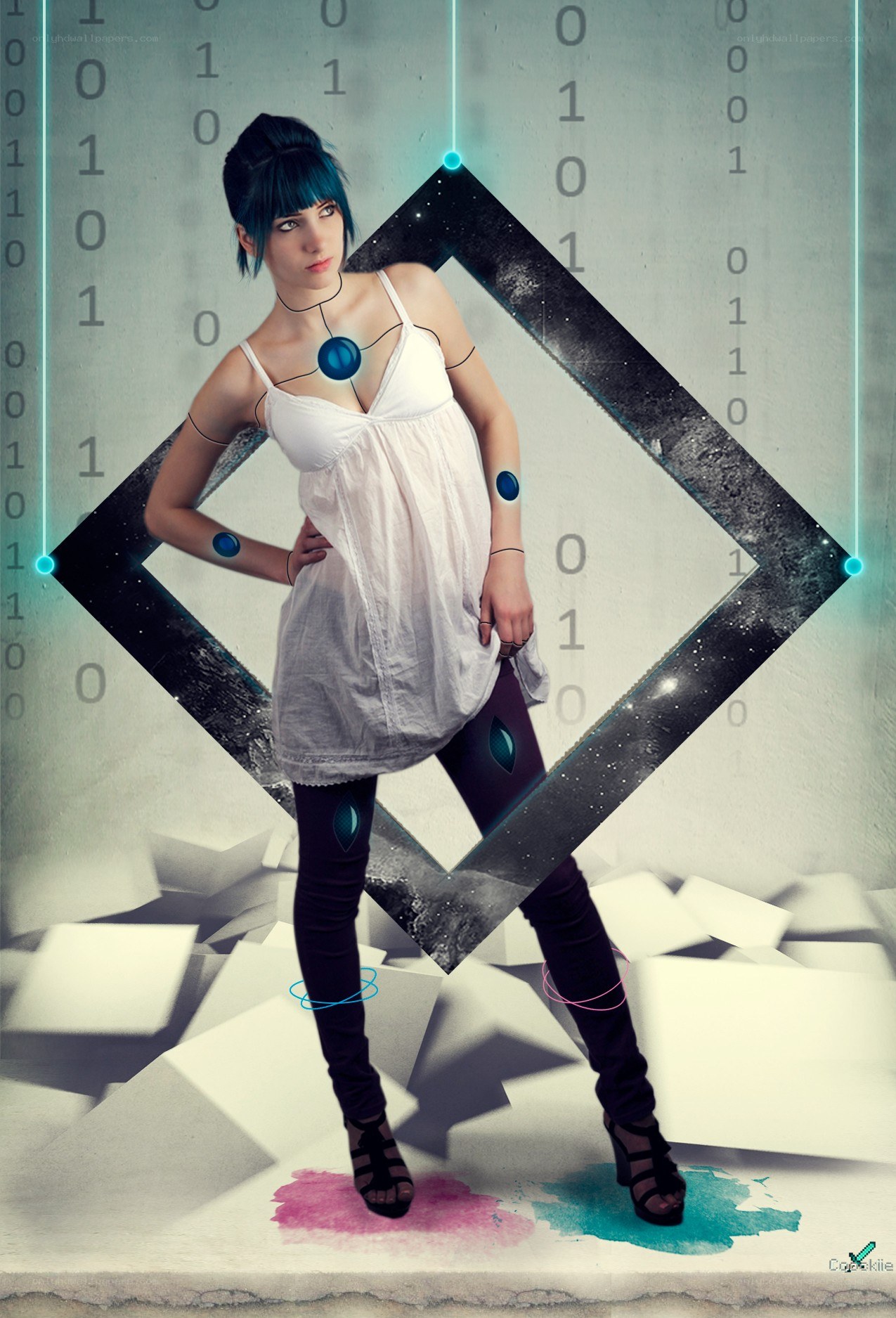 cyberpunk woman with binary code