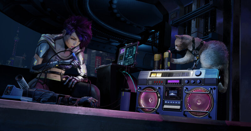 Cyberpunk Woman with Cat